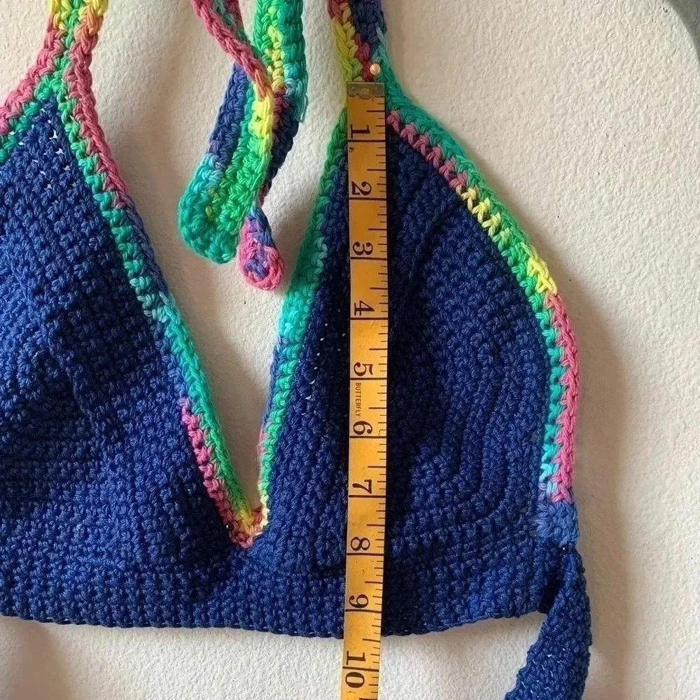 Crochet Knit Halter Bikini Top Womens Blue Multi-color Beach Festival Large B/C